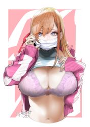 Rule 34 | absurdres, bra, breasts, brown hair, cleavage, contemporary, eyelashes, eyeliner, final fantasy, final fantasy xiv, gyaru, highres, jacket, long hair, makeup, mask, mouth mask, nail polish, navel, ooshima ryou, open clothes, open jacket, purple bra, purple eyes, purple nails, ryne waters, solo, underwear