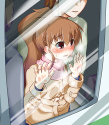 Rule 34 | 1girl, against glass, blush, brown hair, long hair, looking outside, ponytail, red eyes, sch, solo focus, taneshima popura, window, working!!
