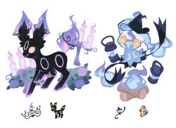 Rule 34 | blue fire, candle, chandelure, charamells, commentary request, creature, creatures (company), fire, fire, floating, flower, full body, fusion, game freak, gen 2 pokemon, gen 5 pokemon, gen 7 pokemon, hat, lampent, looking at another, looking at viewer, mimikyu, multiple fusions, nintendo, no humans, pokemon, pokemon (creature), purple fire, red eyes, rose, simple background, standing, umbreon, white background, witch hat, wood, yellow eyes