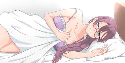 Rule 34 | 1girl, absurdres, areez.ez, bed, blanket, blue eyes, blush, braid, braided ponytail, brown hair, commentary, covering with blanket, double-parted bangs, earrings, eiyuu densetsu, emma millstein, english commentary, glasses, highres, holding, holding blanket, jewelry, lying, nightgown, on bed, on side, open mouth, pillow, ponytail, sen no kiseki, smile, solo
