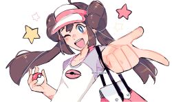 Rule 34 | 1girl, bag, blue eyes, brown hair, creatures (company), game freak, hat, highres, index finger raised, long hair, looking at viewer, nintendo, one eye closed, peachdelta, poke ball, pokemon, pokemon bw2, rosa (pokemon), shirt, smile, solo, star (symbol), sun hat, t-shirt, twintails, twitter, upper body