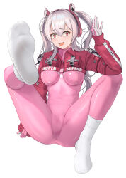 Rule 34 | 1girl, absurdres, alice (nikke), bodysuit, breasts, feet, foot focus, full body, ghhoward, gloves, goddess of victory: nikke, grey hair, hand up, highres, legs, long sleeves, looking at viewer, medium breasts, no shoes, open mouth, pink bodysuit, red bodysuit, simple background, sitting, socks, soles, solo, teeth, toes, two-tone bodysuit, upper teeth only, white background, white socks