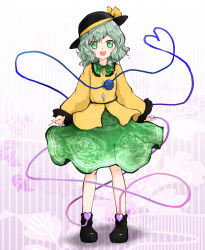 Rule 34 | 1girl, :d, ankle boots, blouse, blush, boots, crazy smile, creepy eyes, full body, green eyes, green hair, hat, heart, heart of string, highres, huyusilver, komeiji koishi, long sleeves, looking at viewer, matching hair/eyes, open mouth, ringed eyes, shirt, short hair, skirt, smile, solo, sun hat, third eye, touhou