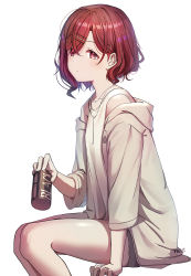 Rule 34 | 1girl, absurdres, artist name, bare legs, brown hair, can, grey shorts, hair between eyes, hair ornament, hairclip, highres, higuchi madoka, holding, holding can, idolmaster, idolmaster shiny colors, invisible chair, jacket, jewelry, kneeichigo, long sleeves, looking at viewer, mole, mole under eye, necklace, open clothes, open jacket, parted bangs, purple eyes, shirt, short hair, short shorts, shorts, simple background, sitting, sleeveless, sleeveless shirt, solo, swept bangs, white background, white jacket, white shirt