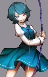 Rule 34 | 1girl, between breasts, bow (weapon), breasts, heterochromia, juliet sleeves, long sleeves, looking at viewer, puffy sleeves, shirt, simple background, skirt, smile, solo, tatara kogasa, thupoppo, tongue, tongue out, touhou, vest, weapon, yumi (bow)