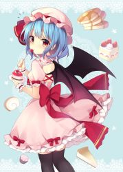 Rule 34 | 1girl, back bow, back cutout, bat wings, black thighhighs, blue hair, blush, bow, breasts, butter, cake, cheesecake, clothing cutout, commentary request, cupcake, dot nose, dress, dress bow, eyelashes, food, fork, frilled dress, frilled shirt collar, frills, fruit, hat, hat bow, hat ribbon, highres, holding, holding plate, light blue background, looking at viewer, looking back, medium breasts, pancake, pink dress, pink hat, plate, puffy short sleeves, puffy sleeves, red bow, red eyes, red ribbon, remilia scarlet, ribbon, ruhika, short hair, short sleeves, shoulder blades, sidelocks, simple background, solo, strawberry, strawberry shortcake, swiss roll, syrup, thighhighs, touhou, wings, wrist cuffs