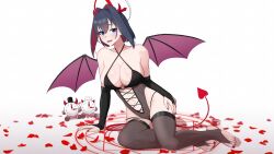 Rule 34 | 1girl, alternate costume, bare shoulders, blue eyes, breasts, bridal gauntlets, bridal legwear, brown thighhighs, collarbone, colored inner hair, commentary, demon girl, demon tail, demon wings, english commentary, fangs, feet, full body, gradient background, grey background, hair between eyes, hair intakes, hand on own thigh, highres, hololive, hololive english, jewelry, kuon bb, large breasts, leotard, looking at viewer, medium hair, multicolored hair, navel, on ground, open mouth, ouro kronii, petals, purple wings, red hair, revealing clothes, sitting, solo, tail, thighhighs, thighs, toe ring, toes, virtual youtuber, white background, wings, yokozuwari