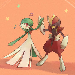 Rule 34 | arm up, bisharp, black eyes, blush, closed mouth, colored skin, creatures (company), full body, game freak, gardevoir, gen 3 pokemon, gen 5 pokemon, green hair, green skin, hair over one eye, happy, holding hands, looking at another, multicolored skin, musical note, nintendo, open mouth, orange background, pokemon, pokemon (creature), red eyes, shiwo (siwosi), short hair, smile, standing, star (symbol), sweat, two-tone skin, white skin