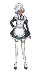 Rule 34 | 1boy, :d, apron, black dress, blue eyes, bow, bowtie, commentary request, crossdressing, dark-skinned male, dark elf, dark skin, dress, earrings, elf, frilled apron, frilled dress, frills, full body, garter straps, grey hair, hand on own hip, head tilt, highres, jewelry, juliet sleeves, long sleeves, looking at viewer, maid, maid apron, maid headdress, open mouth, original, pointy ears, puffy sleeves, smile, solo, standing, thighhighs, trap, white background, yoruhachi