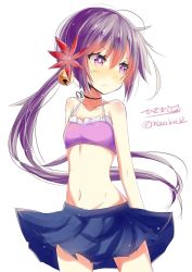 Rule 34 | 10s, 1girl, akebono (kancolle), arms behind back, bare shoulders, bell, blue skirt, blush, bra, choker, closed mouth, collarbone, cowboy shot, eyebrows, flower, frown, gradient hair, groin, hair bell, hair between eyes, hair flower, hair ornament, highres, hizaka, kantai collection, long hair, looking to the side, multicolored hair, navel, pleated skirt, ponytail, purple bra, purple eyes, purple hair, simple background, skirt, solo, standing, stomach, twitter username, two-tone hair, underwear, very long hair, white background