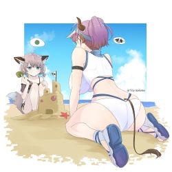Rule 34 | 2girls, absurdres, ahoge, animal ear fluff, animal ears, arknights, arm strap, artist name, ass, bare legs, bare shoulders, beach, bikini, black bikini, black choker, blue sky, blush, breasts, brown hair, choker, closed mouth, collarbone, cow ears, cow girl, cow horns, cow tail, day, dimples of venus, fox ears, fox girl, fox tail, full body, highres, holding, holding shovel, horizon, horns, large breasts, lexielex, low twintails, multiple girls, ocean, official alternate costume, outdoors, outside border, ponytail, purple hair, sand, sand castle, sand sculpture, sandals, seashell, shell, shoe soles, short hair, short twintails, shovel, sideroca (arknights), sideroca (light breeze) (arknights), sitting, sky, starfish, sussurro (arknights), sussurro (summer flower) (arknights), swimsuit, tail, twintails, visor cap, wariza, white bikini, white footwear, white headwear