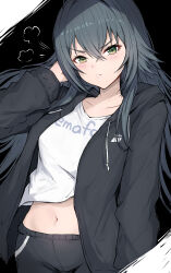 Rule 34 | 1girl, arm up, black jacket, black pants, blush, closed mouth, collarbone, commentary request, crossed bangs, gakuen idolmaster, green eyes, green hair, highres, hood, hood down, hooded jacket, idolmaster, jacket, long hair, long sleeves, looking at viewer, midriff, navel, open clothes, open jacket, pants, puffy long sleeves, puffy sleeves, sak1 01, shirt, simple background, solo, tsukimura temari, upper body, white shirt