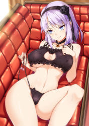 Rule 34 | 10s, 1girl, alternate costume, bad id, bad pixiv id, bell, black flower, black panties, black ribbon, black rose, blue eyes, breasts, cat cutout, cat ear panties, cat lingerie, choker, cleavage cutout, closed mouth, clothing cutout, collarbone, couch, covered erect nipples, dagashi kashi, eyebrows, flower, frills, hair flower, hair ornament, hair ribbon, hairband, holding, jingle bell, large breasts, lying, meme attire, navel, neck bell, on back, panties, purple hair, ribbon, ringed eyes, rose, shidare hotaru, shirokuma a, short hair, side-tie panties, smile, solo, stomach, underboob, underwear, underwear only, untied panties