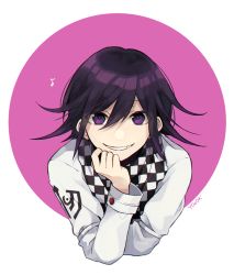 Rule 34 | 1boy, artist name, blush, checkered clothes, checkered neckwear, checkered scarf, commentary request, danganronpa (series), danganronpa v3: killing harmony, flipped hair, grin, hair between eyes, hand up, long sleeves, looking at viewer, male focus, musical note, musical note print, oma kokichi, pink background, purple eyes, purple hair, scarf, smile, solo, straitjacket, upper body, white background, y0e0k