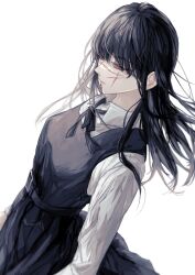 Rule 34 | 1girl, black dress, black hair, black ribbon, chainsaw man, closed mouth, collared shirt, commentary request, dress, facial scar, floating hair, fourth east high school uniform, half-closed eyes, highres, lips, long hair, long sleeves, looking away, neck ribbon, nehitsuji, pinafore dress, pink lips, ribbon, ringed eyes, scar, scar on cheek, scar on face, school uniform, shirt, simple background, sleeveless dress, solo, uniform, white background, white shirt, yellow eyes, yoru (chainsaw man)