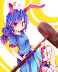 Rule 34 | 1girl, animal ears, bloomers, blue dress, blue hair, blush, breasts, rabbit ears, chikuwa savy, closed mouth, commentary request, crescent, crescent print, dress, earclip, frilled dress, frills, gradient hair, hair between eyes, kine, long hair, looking at viewer, looking to the side, mallet, multicolored hair, pink hair, puffy short sleeves, puffy sleeves, rabbit girl, red eyes, seiran (touhou), short sleeves, sideways glance, small breasts, smile, solo, star (symbol), star print, touhou, twintails, twitter username, underwear, white legwear, yellow background