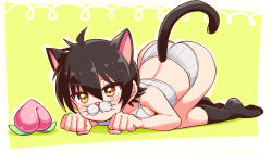Rule 34 | 1girl, all fours, animal ears, ass, bare shoulders, black hair, black socks, bra, breast press, breasts, cat ears, cat tail, cougar (cougar1404), food, fruit, kneehighs, looking at viewer, nari (cougar1404), orange eyes, original, panties, peach, shiny clothes, shiny skin, short hair, socks, solo, tail, top-down bottom-up, underwear, underwear only, wedgie, yellow background