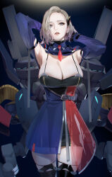 Rule 34 | 1girl, absurdres, armpits, arms behind head, arms up, azur lane, black thighhighs, blonde hair, blue eyes, breasts, cleavage, dress, forehead, hair ornament, highres, large breasts, long sleeves, looking at viewer, multicolored clothes, multicolored dress, necktie, new orleans (azur lane), parted bangs, parted lips, rigging, see-through, short hair, shrug (clothing), solo, thighhighs, thighs, yd (orange maru)