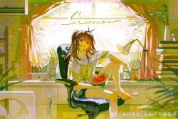 Rule 34 | 1girl, barefoot, book, cat tail, cup, curtains, food, fruit, jiatu, lamp, long hair, original, plant, potted plant, room, shirt, sitting, t-shirt, tail, watermelon, window