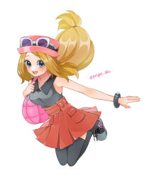 Rule 34 | 1girl, :d, bag, bare arms, bare shoulders, black footwear, black shirt, black thighhighs, blonde hair, blush, bracelet, breasts, collarbone, commentary, creatures (company), eyelashes, eyewear on headwear, full body, game freak, glasses, grey eyes, happy, hat, highres, jewelry, jumping, long hair, looking at viewer, medium breasts, mega ring, nintendo, open mouth, outstretched arm, pink bag, pink hat, pleated skirt, pokemon, pokemon xy, rain (tonight 862), red skirt, serena (pokemon), shirt, shoes, shoulder bag, simple background, skirt, sleeveless, sleeveless shirt, smile, sneakers, solo, sunglasses, teeth, thighhighs, twitter username, white-framed eyewear, white background