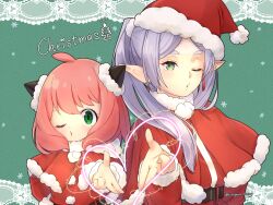 Rule 34 | 2girls, absurdres, anya (spy x family), blowing kiss, child, christmas, crossover, drop earrings, earrings, elf, frieren, fur-trimmed headwear, fur trim, green eyes, hairpods, hat, highres, hiragana sherry, jewelry, long hair, long sleeves, merry christmas, multiple girls, one eye closed, open mouth, parted bangs, pink hair, pointy ears, puckered lips, red headwear, santa costume, santa hat, sousou no frieren, spy x family, tanezaki atsumi, twintails, voice actor connection, white hair