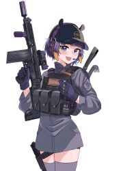 Rule 34 | 1girl, absurdres, ammunition pouch, black hat, blush, chrispy tuna, crowbar, gradient hair, gun, hat, highres, holding, holding gun, holding weapon, hololive, hololive english, jacket, looking at viewer, military, military hat, military jacket, multicolored hair, ninomae ina&#039;nis, open mouth, pointy ears, pouch, purple hair, scope, simple background, smile, solo, tentacle hair, tentacles, thighhighs, trigger discipline, virtual youtuber, weapon, white background