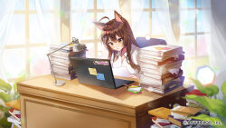 Rule 34 | 1girl, ahoge, animal ears, apple caramel, book, book stack, breasts, brown eyes, brown hair, butterfly hair ornament, chair, character name, cleavage, collared shirt, commentary request, computer, curtains, day, desk, desk lamp, dress shirt, fumi (nijisanji), hair ornament, highres, horse ears, indoors, lamp, laptop, long hair, medium breasts, nijisanji, on chair, shirt, solo, sunlight, transparent, virtual youtuber, white shirt, window