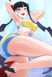 Rule 34 | 1girl, :d, armpits, arms behind head, ass, black hair, blue eyes, blunt bangs, blush, breasts, cleavage, creatures (company), elesa (pokemon), game freak, headgear, high heels, highres, jtveemo, long hair, looking at viewer, midriff, nintendo, open mouth, pokemon, pokemon bw2, red footwear, short shorts, shorts, smile, solo, teeth, twintails, very long hair