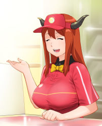Rule 34 | 1girl, :d, ^ ^, bow, bowtie, breasts, cleavage, clothes writing, cosplay, employee uniform, closed eyes, fast food uniform, hataraku maou-sama!, horns, large breasts, long hair, maou (maoyuu), maoyuu maou yuusha, name connection, open mouth, polo shirt, red hair, sasaki chiho, sasaki chiho (cosplay), smile, solo, ueyama michirou, uniform, visor cap
