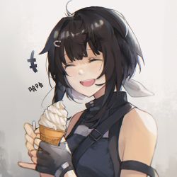 Rule 34 | +++, 1girl, :d, arknights, bare shoulders, black gloves, black hair, blush, breasts, closed eyes, commentary request, facing viewer, fingerless gloves, food, gloves, hair ornament, hairclip, highres, holding, holding food, holding spoon, ice cream, ice cream cone, la pluma (arknights), laughing, medium breasts, open mouth, partial commentary, sachimint, short hair, sleeveless, smile, soft serve, solo, spoon, teeth, translation request, upper teeth only