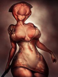 Rule 34 | 1girl, breasts, bubble head nurse, collarbone, covered erect nipples, covered eyes, covered navel, curvy, fumio (rsqkr), gloves, highres, large breasts, looking at viewer, nurse (silent hill), silent hill, silent hill (series), solo, stained clothes, thick thighs, thighs, veins, veiny breasts, white gloves, wide hips