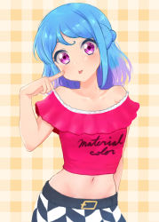 Rule 34 | 1girl, :p, aikatsu! (series), aikatsu friends!, akanbe, bare shoulders, belt, blouse, blue hair, braid, checkered background, collarbone, commentary request, eyelid pull, finger to eye, french braid, gradient hair, idol clothes, light blue hair, looking at viewer, midriff, minato mio, mo sabo, multicolored hair, navel, off shoulder, partial commentary, purple eyes, purple hair, shirt, skirt, solo, tongue, tongue out, upper body