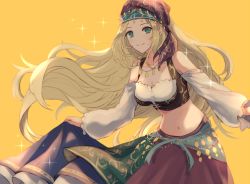 Rule 34 | 1girl, blonde hair, blue eyes, breasts, cleavage, collarbone, commentary request, dancer, jewelry, long hair, looking at viewer, lynette (octopath traveler), medium breasts, midriff, navel, necklace, octopath traveler, octopath traveler: champions of the continent, simple background, smile, solo, tagme, very long hair, wspread, yellow background