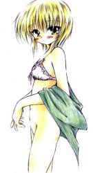 Rule 34 | 1girl, ayaaiserio, blonde hair, blush stickers, bottomless, bra, female focus, lingerie, lunasa prismriver, no panties, off shoulder, short hair, simple background, solo, touhou, underwear, underwear only