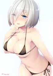 Rule 34 | 10s, 1girl, bare shoulders, bikini, blue background, blue eyes, breasts, cleavage, collarbone, covered erect nipples, eyes visible through hair, gradient background, hair ornament, hair over one eye, hairclip, hamakaze (kancolle), hand on own chest, highres, izumi akane, kantai collection, large breasts, micro bikini, navel, open mouth, short hair, side-tie bikini bottom, solo, string bikini, swimsuit, twitter username, wet, white background, white hair