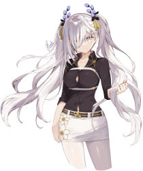 Rule 34 | 1girl, absurdres, black shirt, blue flower, breasts, character request, closed mouth, collarbone, collared shirt, commentary request, cropped legs, dress shirt, flower, flower knight girl, grey eyes, grey hair, hair flower, hair ornament, hair over one eye, highres, long hair, long sleeves, looking at viewer, medium breasts, pantyhose, pencil skirt, satsuki misuzu, shirt, signature, simple background, skirt, smile, solo, twintails, very long hair, white background, white pantyhose, white skirt
