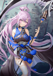 Rule 34 | 1girl, bandaged arm, bandages, black dress, blurry, blurry background, breasts, collarbone, copyright request, covered collarbone, depth of field, dress, feet out of frame, hair between eyes, hair ornament, hair stick, hand up, highres, holding, holding scythe, large breasts, lloule, long hair, parted lips, pink eyes, ponytail, purple hair, scythe, single thighhigh, sleeveless, sleeveless dress, solo, thighhighs, very long hair, white thighhighs
