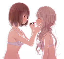 Rule 34 | 2girls, applying makeup, backlighting, bare arms, bare shoulders, blush, bra, breasts, brown eyes, brown hair, cleavage, closed eyes, closed mouth, commentary request, cosmetics, fingernails, from side, hair between eyes, hand on another&#039;s cheek, hand on another&#039;s face, holding, kago no tori, light brown hair, lipstick, lipstick tube, long hair, makeup, medium breasts, multiple girls, original, profile, short hair, simple background, underwear, underwear only, upper body, very long hair, white background, white bra, yuri