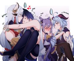 Rule 34 | 4girls, ahoge, bare shoulders, black pantyhose, blue hair, blush, carrying, closed eyes, detached sleeves, double bun, embarrassed, ganyu (genshin impact), genshin impact, gloves, goat horns, hair bun, hair ornament, horns, keqing (genshin impact), long hair, long sleeves, looking at another, multiple girls, negom, pantyhose, princess carry, purple gloves, purple hair, shenhe (genshin impact), short hair, yelan (genshin impact), yuri
