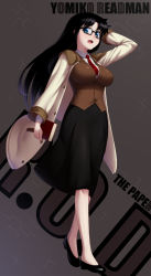 Rule 34 | 1girl, amase (yagami666), black hair, black skirt, blue eyes, blush, book, breasts, character name, copyright name, full body, glasses, highres, large breasts, long hair, long skirt, looking at viewer, necktie, open clothes, open mouth, paper, read or die, red necktie, shirt, skirt, solo, yomiko readman