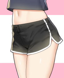 Rule 34 | 1girl, black shirt, black shorts, close-up, crop top, crop top overhang, dolphin shorts, highres, legs, lower body, midriff, navel, original, pantylines, shiny skin, shirt, short shorts, shorts, sky-freedom, solo, stomach, thighs, two-tone background