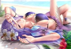 Rule 34 | 1girl, beach, bikini, breasts, camilla (fire emblem), camilla (summer) (fire emblem), cleavage, day, fire emblem, fire emblem fates, fire emblem heroes, gonzarez, hair over one eye, highres, large breasts, lips, long hair, looking at viewer, nail polish, nintendo, purple bikini, purple eyes, purple hair, sideboob, simple background, solo, swimsuit, very long hair, wavy hair