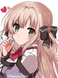 Rule 34 | 1girl, black bow, blush, bow, brown hair, close-up, commentary, expressionless, eyelashes, eyes visible through hair, green eyes, hair between eyes, hair bow, hand up, haruka3no25love, heart, highres, long hair, looking at viewer, otome domain, red bow, saionji kazari, school uniform, sidelocks, simple background, sleeves past wrists, solo, twitter username, two side up, white background