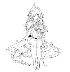 Rule 34 | 1girl, ahoge, arknights, bird, bug, butterfly, chick, chuzenji, closed mouth, crocodilian tail, flower, goggles, goggles around neck, greyscale, hair flower, hair ornament, hair over one eye, hood, hood down, insect, large tail, lineart, long hair, monochrome, navel, pointy ears, simple background, sitting, solo, tail, tomimi (arknights)