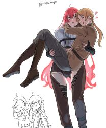 Rule 34 | 1boy, absurdres, boots, bunching hair, carrying, carrying person, closed eyes, couple, cousins, eris greyrat, highres, husband and wives, long hair, looking at another, multiple girls, mushoku tensei, open mouth, ponytail, princess carry, red eyes, red hair, roxy migurdia, rudeus greyrat, sylphiette (mushoku tensei), tokita (mag0)