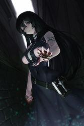 Rule 34 | 1girl, black dress, black eyes, black hair, blood, blood on hands, book, brass knuckles, breasts, cleavage cutout, clenched hand, clothing cutout, commentary, cool4noodle, covered navel, dress, english commentary, hair between eyes, high collar, highres, large breasts, long hair, looking at viewer, original, outdoors, sidelocks, solo, strap, very long hair, weapon