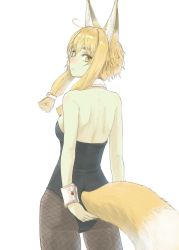 Rule 34 | 1girl, ahoge, animal ears, black leotard, black pantyhose, blonde hair, breasts, closed mouth, detached collar, fishnets, fox ears, fox tail, from behind, hair ribbon, head tilt, highres, leotard, nito (nshtntr), nontraditional playboy bunny, original, pantyhose, playboy bunny, ribbon, short hair with long locks, sidelocks, small breasts, solo, tail, tress ribbon, wrist cuffs, yellow eyes
