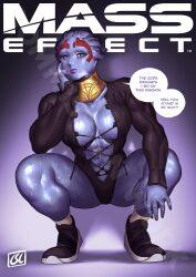 Rule 34 | 1girl, abs, alien, asari (mass effect), blue eyes, blue skin, breasts, choker, cleavage, colored skin, english text, hand on own face, highres, jewelry, large breasts, leotard, long sleeves, mass effect (series), muscular, muscular female, necklace, open clothes, phoebus art, purple lips, revealing clothes, samara (mass effect), shoes, sneakers, solo, squatting, sweat, nervous sweating