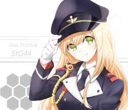 Rule 34 | 1girl, bad id, bad pixiv id, blonde hair, character name, commentary, epaulettes, girls&#039; frontline, gloves, green eyes, hat, long hair, looking at viewer, military, military uniform, necktie, setoka12, smile, stg44 (girls&#039; frontline), uniform