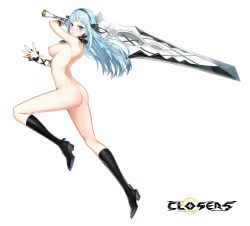 Rule 34 | &gt;:o, 1girl, :o, arched back, arm ribbon, ass, bad id, bad pixiv id, black footwear, blue eyes, blue hair, blush, boots, breasts, choker, closers, copyright name, english text, fingernails, floating hair, flower, from side, full body, hair ribbon, hairband, happening18, highres, holding, holding sword, holding weapon, huge weapon, leg up, long hair, looking at viewer, matching hair/eyes, medium breasts, nipples, nude, open hand, palms, ribbon, rose, shoe soles, solo, spread fingers, sword, v-shaped eyebrows, violet (closers), warrior, weapon, wrist cuffs